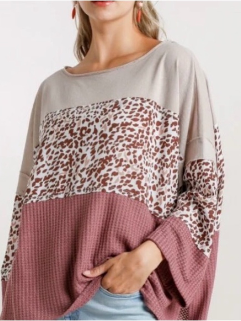 Umgee COLOR BLOCK WAFFLE KNIT TOP